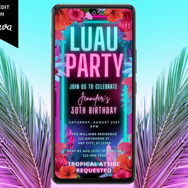 Digital Tropical Luau Birthday Party Invitation, Electronic Phone Text Message Email Evite, Pink Teal Neon, Instant Download Template PTT2