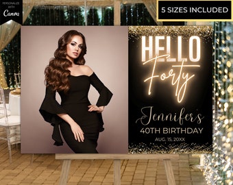 Editable Hello Forty 40th Birthday Photo Template Welcome Sign, Gold Neon Glitter, Printable Poster, Editable Template, Instant Download