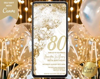 Può includere: Un invito digitale per una festa di compleanno di 80 anni con un tema di palloncini e glitter dorati. L'invito presenta il testo "Join us to celebrate Jennifer Williams 80th Birthday" e la data e l'ora della festa. Lo sfondo è un motivo di marmo bianco con glitter dorati.