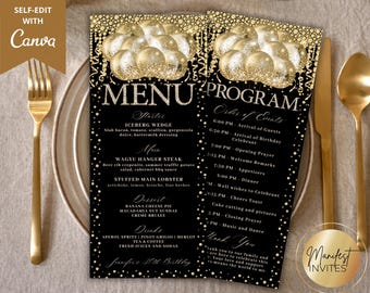 Bearbeitbares Glam White Gold Glitter Balloons Diamantmenüprogramm und Dankeskarte, Geburtstagsabschlussfeierdekor, druckbare Canva-Vorlage