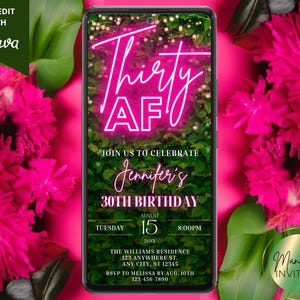 Digital Thirty AF 30th Birthday Party Invitation, Pink Neon Greenery, For Her, Phone Text Evite, Editable Canva Template, Instant Download