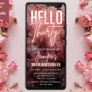 Electronic 30th Hello Thirty Blush Pink Neon Floral Birthday Party Invitation, Digital Phone Text Evite, Editable Template, Instant Download