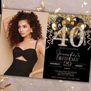 Bearbeitbare 40. Geburtstag Foto Schwarz Gold Ballons Diamant Party Einladung, druckbare Karte und Evite, bearbeitbare Vorlage, sofortiger Download
