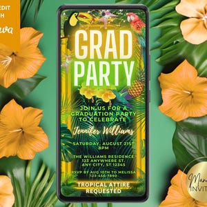 Digital Tropical Gold Neon Graduation Party Invitation, Luau BBQ, Grad Announcement, Phone Text Evite, Editable Template, Instant Download
