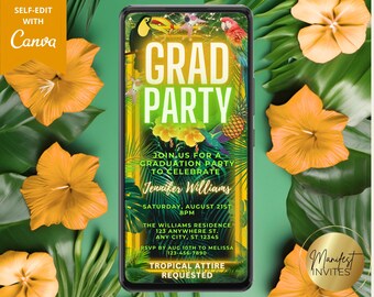 Puede incluir: Una invitación a una fiesta de graduación con temática tropical con un esquema de colores verde, amarillo y naranja. La invitación presenta un tucán, piñas y flores de hibisco. El texto de la invitación dice "Grad Party" e incluye detalles sobre la fiesta, incluida la fecha, la hora y la ubicación. La invitación también solicita atuendo tropical.
