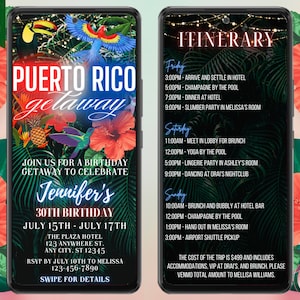 Electronic Tropical Puerto Rico Getaway Birthday Trip Itinerary Invite, 3 Day Trip, Digital Schedule, Editable Template, Instant Download