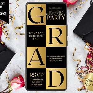 Digital Modern Black Gold Graduation Party Invitation, Phone Text Evite, High School College Grad Party, Editable Template, Instant Download