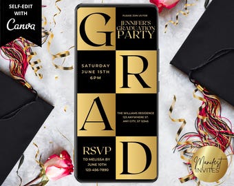 Digital Modern Black Gold Graduation Party Invitation, Phone Text Evite, High School College Grad Party, Editable Template, Instant Download