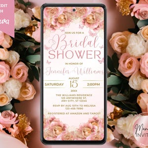 Digital Bridal Shower Invitation, Spring Bridal Brunch, Pink Gold Floral, Phone Text Evite, Editable Template, Instant Download, BP59