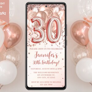 Digital 30th Birthday Pink Rose Gold Balloons Party Invitation, Electronic Phone Text Evite, Editable Template, Instant Download, RGBN2
