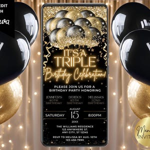 Digital Triple Birthday Party Invitation, Electronic Phone Text Message Evite, Black Gold Balloons, Editable Template, Instant Download