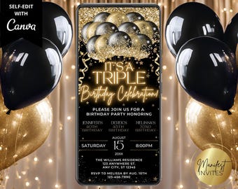 Digital Triple Birthday Party Invitation, Electronic Phone Text Message Evite, Black Gold Balloons, Editable Template, Instant Download