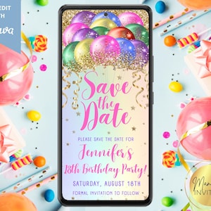 Digital Rainbow Colorful Balloons Birthday Save the Date Party Invitation, Electronic Phone Text Evite, Editable Template, Instant Download