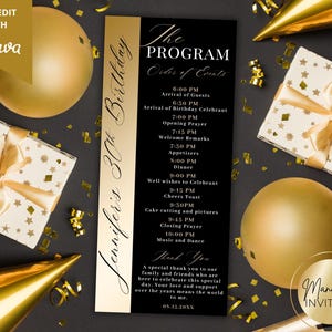 Puede incluir: Un programa de cumpleaños negro y dorado con el texto "Jennifer's 30th Birthday" y "The Program". El programa incluye un orden de eventos, con globos dorados, cajas de regalo y gorros de fiesta. También es visible el texto "Manifest Invites".