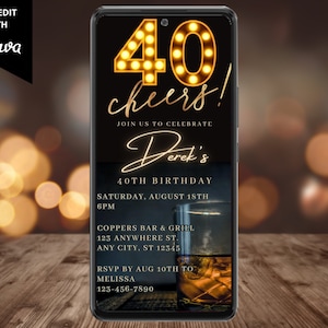 Electronic Men&#39;s 40th Birthday Party Invitation, Digital Phone Text Email Evite, Cheers Whiskey, Editable Template, Instant Download, WM42