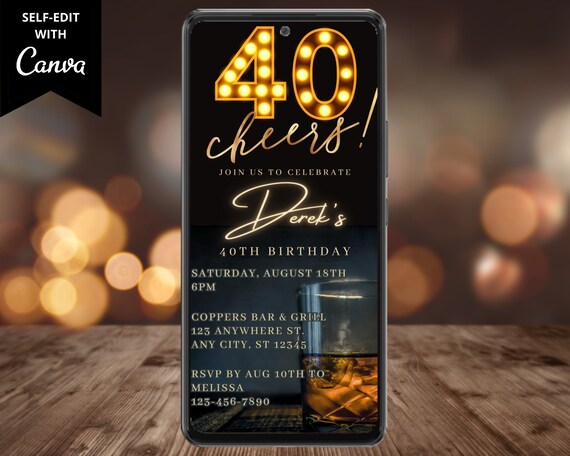 Electronic Men's 40th Birthday Party Invitation, Digital Phone Text Email Evite, Cheers Whiskey, Editable Template, Instant Download, WM42