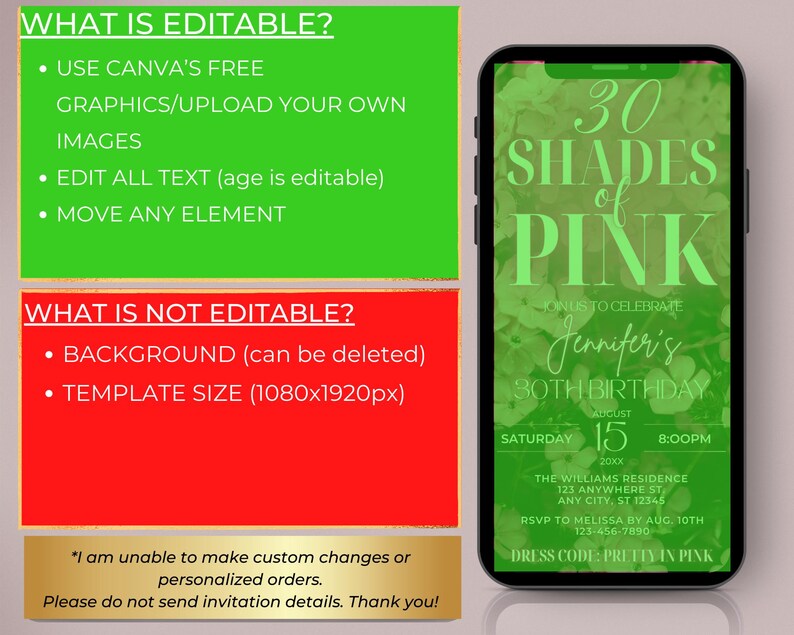 Digital Any Age Shades of Pink Birthday Party Invitation, Electronic Text Evite, Pink Neon Floral, Editable Template, Instant Download, PF01 image 3