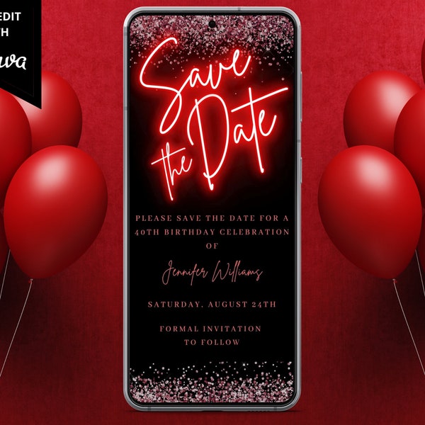 Digital Red Neon Save the Date Invitation, Electronic Save the Date, Any Occasion, Editable Template, Phone Text Evite, Instant Download