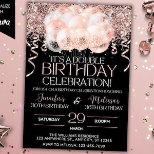 Modèle d'invitation modifiable de ballons scintillants roses en or rose pour fête d'anniversaire double, carte imprimable et Evite de téléphone, téléchargement immédiat
