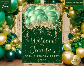 Editable Glam Green Gold Glitter Balloons Birthday Party Welcome Sign, Elegant Birthday Party Entrance Decor, Printable Canva Template