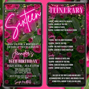 Digital Sixteen 16th Birthday Party Weekend Invitation, Itinerary Schedule Evite, Pink Neon Greenery, Editable Template, Instant Download