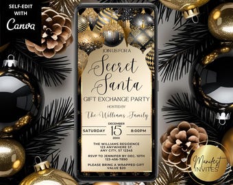 Puede incluir: Una invitación digital para una fiesta de intercambio de regalos de Secret Santa. El diseño presenta una combinación de colores dorados y negros con adornos decorativos y piñas. El texto incluye detalles del evento como la fecha, la hora y el lugar.