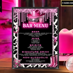 Edytowalny różowy szablon menu baru kowbojskiego w stylu disco, drukowany podpis drinka koktajlowego, urodzinowy wieczór panieński, natychmiastowe pobieranie