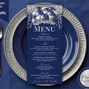 May include: A navy blue menu card with silver and blue balloon graphics, designed for a 30th birthday celebration. The menu includes starters, main courses, desserts, and drinks. The text "SELF-EDIT WITH Canva" is visible.