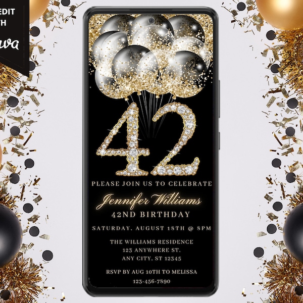 Digital 42nd Birthday Party Invitation, Electronic Text Message Evite, Black Gold, Diamond Balloons, Editable Template, Instant Download