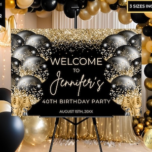 Bearbeitbare Schwarz Gold Glitzer Luftballons Glam Willkommensschild Vorlage, druckbare Geburtstag Abschlussfeier Dekor, Canva Vorlage, Sofort Download