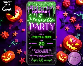 Digital Halloween Party Purple Green Neon Invitation, Adult Kids Costume Party, Phone Text Evite, Editable Canva Template, Instant Download