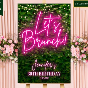 Editable Let's Brunch Pink Neon Greenery Birthday Party Welcome Sign, Printable Sign, Poster Decor, Editable Template, Instant Download