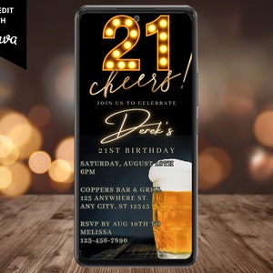 Convite eletrônico para festa de aniversário da 21ª cerveja masculina, texto de telefone digital, e-mail Evite, Twenty One Cheers, modelo editável, download instantâneo