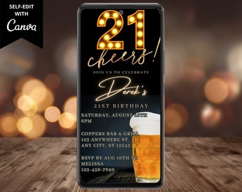 Electronic Men's 21st Beer Birthday Party Invitation, Digital Phone Text Email Evite, Twenty One Cheers, Editable Template, Instant Download