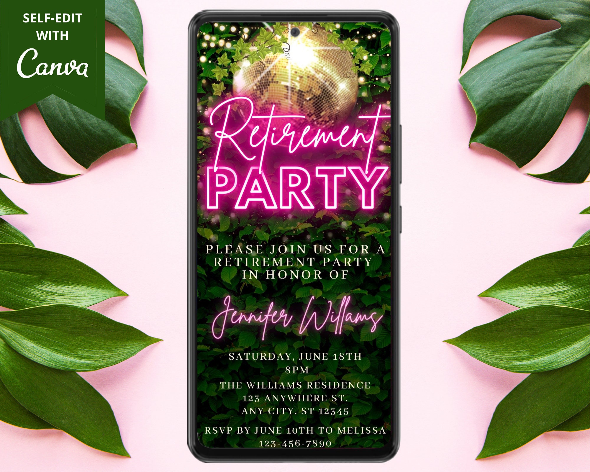 Electronic Retirement Farewell Party Invitation Digital Phone Evite Pink Neon Greenery Disco Ball Editable Template Instant