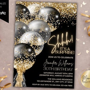 Bearbeitbare Pssst, es ist eine Überraschung Schwarz Gold Glitter Ballons Glam Geburtstagsparty Einladung, druckbare Karte, Canva Vorlage, sofortiger Download