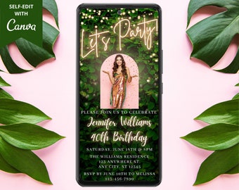 Digital Photo Template Let's Party Birthday Invitation, Electronic Phone Text Evite, Gold Neon Greenery, Editable Template, Instant Download