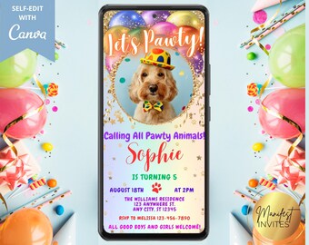 Digital Let's Pawty Dog Birthday Party Photo Invitation, Rainbow Balloons, Puppy Party, Text Evite, Editable Template, Instant Download