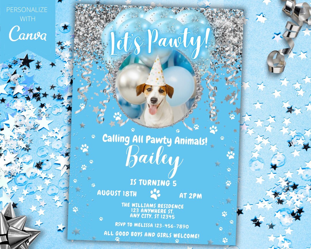 Editable Let's Pawty Boy Dog Birthday Party Glam Photo Invitation, Blue ...