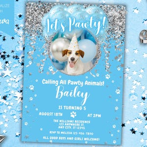 Faire-part photo modifiable Let's Pawty Boy Dog fête d'anniversaire glam, ballons bleus argentés, fête de chiot, carte imprimable, téléchargement immédiat