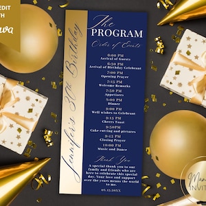 Peut inclure: Un programme d'anniversaire bleu marine avec des accents dorés, avec le texte "Jennifer's 30th Birthday" et les détails de l'événement. La conception comprend des ballons dorés, des boîtes cadeaux et des chapeaux de fête.