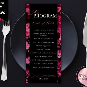Plantilla editable de tarjeta de programa de evento de cumpleaños con flores rosas, agenda de itinerario de cena de cumpleaños, programa de eventos de mesa, descarga instantánea