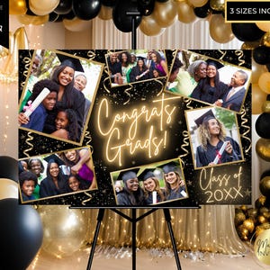 Editable Congrats Grads Graduation Party Photo Welcome Sign Template, Black Gold Neon, Group Party, Graduation Decor, Instant Download