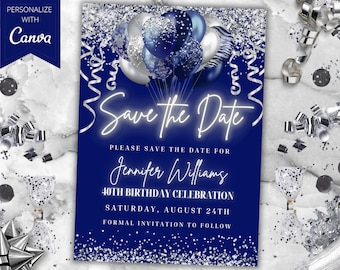 Editable Navy Blue Silver Glitter Balloons Save the Date Party Invitation Template, Printable Card and Phone Text Evite, Instant Download