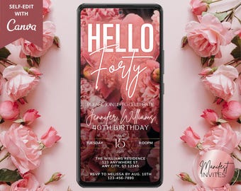 Invitación digital para fiesta de 40 cumpleaños con flores de neón rosa ruborizado, plantilla editable de Canva, descarga instantánea, BP74
