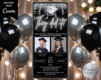 Digital Double Graduation Party Black Silver Photo Invitation, They Did It, 2 Person, Phone Text Evite, Editable Template, Instant Download