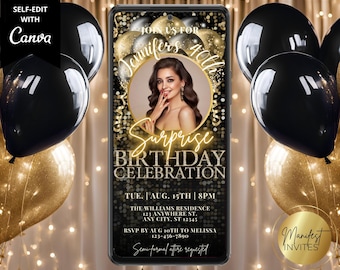 Digital Elegant Surprise Birthday Black Gold Balloons Photo Party Invitation, Electronic Evite, Editable Template, Instant Download, BP98