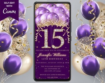 Digitale 15e verjaardag partij paarse gouden diamant glitter ballon uitnodiging, elektronische telefoon tekst Evite, bewerkbare sjabloon, Instant Download