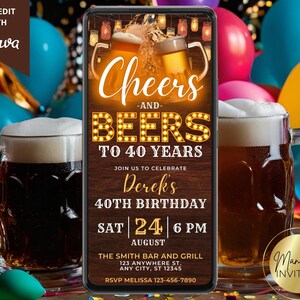 Digital Men&#39;s Rustic Cheers and Beers Birthday Party Invitation, For Him, Electronic Phone Evite, Editable Template, Instant Download, WM42