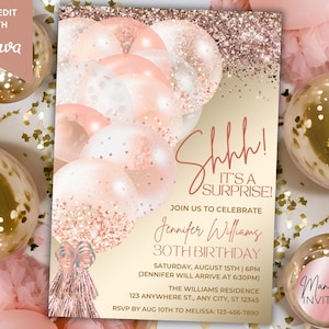 Invito per festa di compleanno glamour "Shhh It's a Surprise" con palloncini glitterati rosa e oro rosa, modello Canva stampabile, download immediato